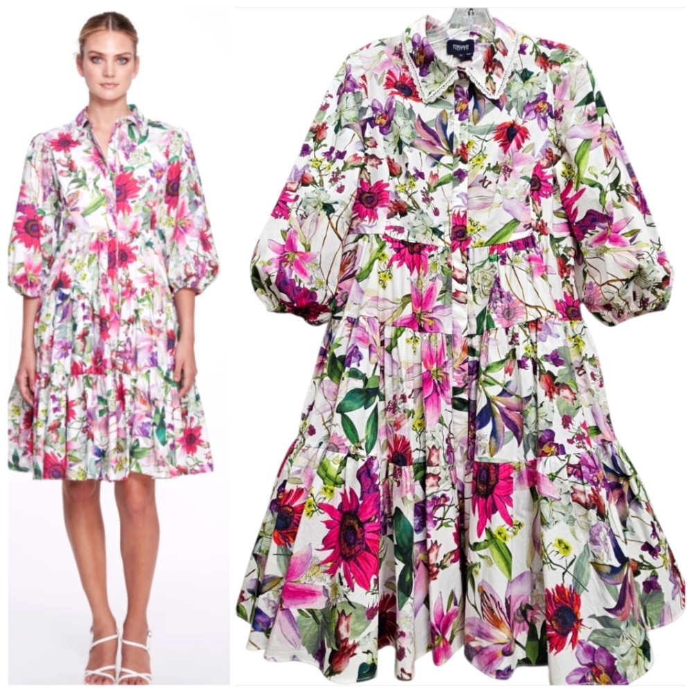 Nwot Marchessa Notte White Purple/Pink Tropical Floral Collared Tier Shift Dress